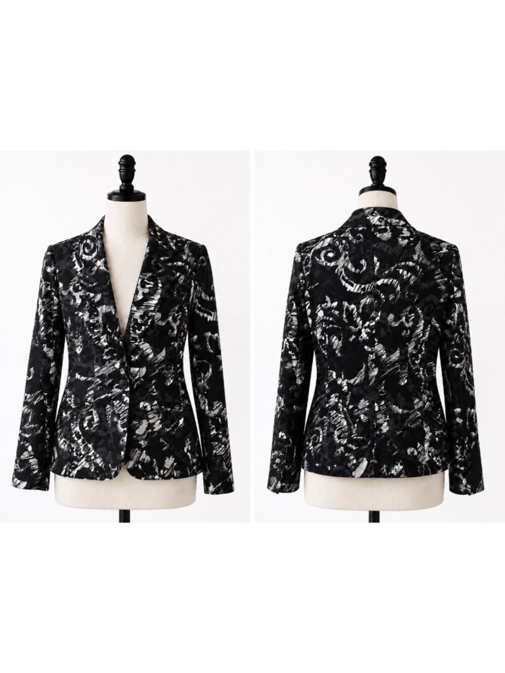 Chicos Suit Jacket Blazer 1 Medium Black Cream Gray Silk Cotton Summer Blend
